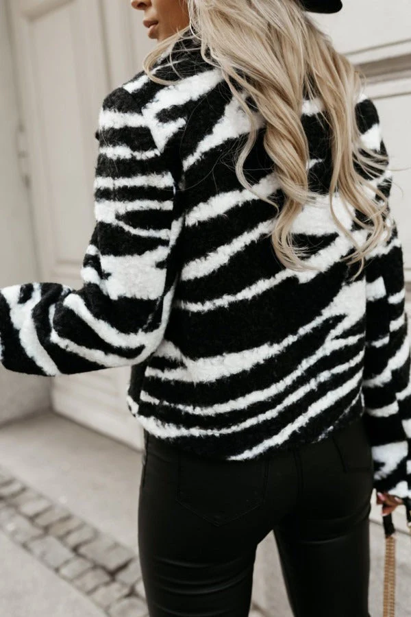 Animal Print Woolen Notch Collar Coat - Image 3