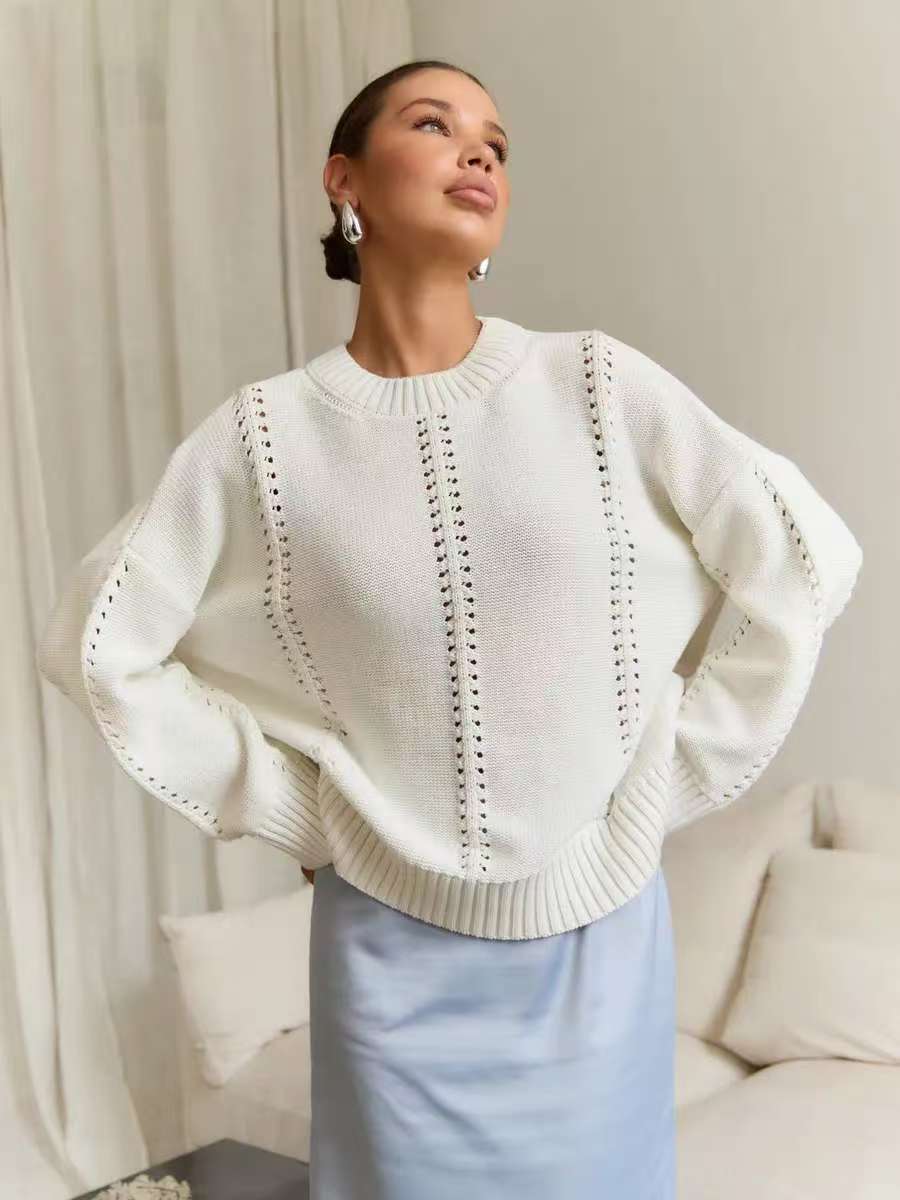 Casual Hollow Knit Crewneck Sweater - Image 6