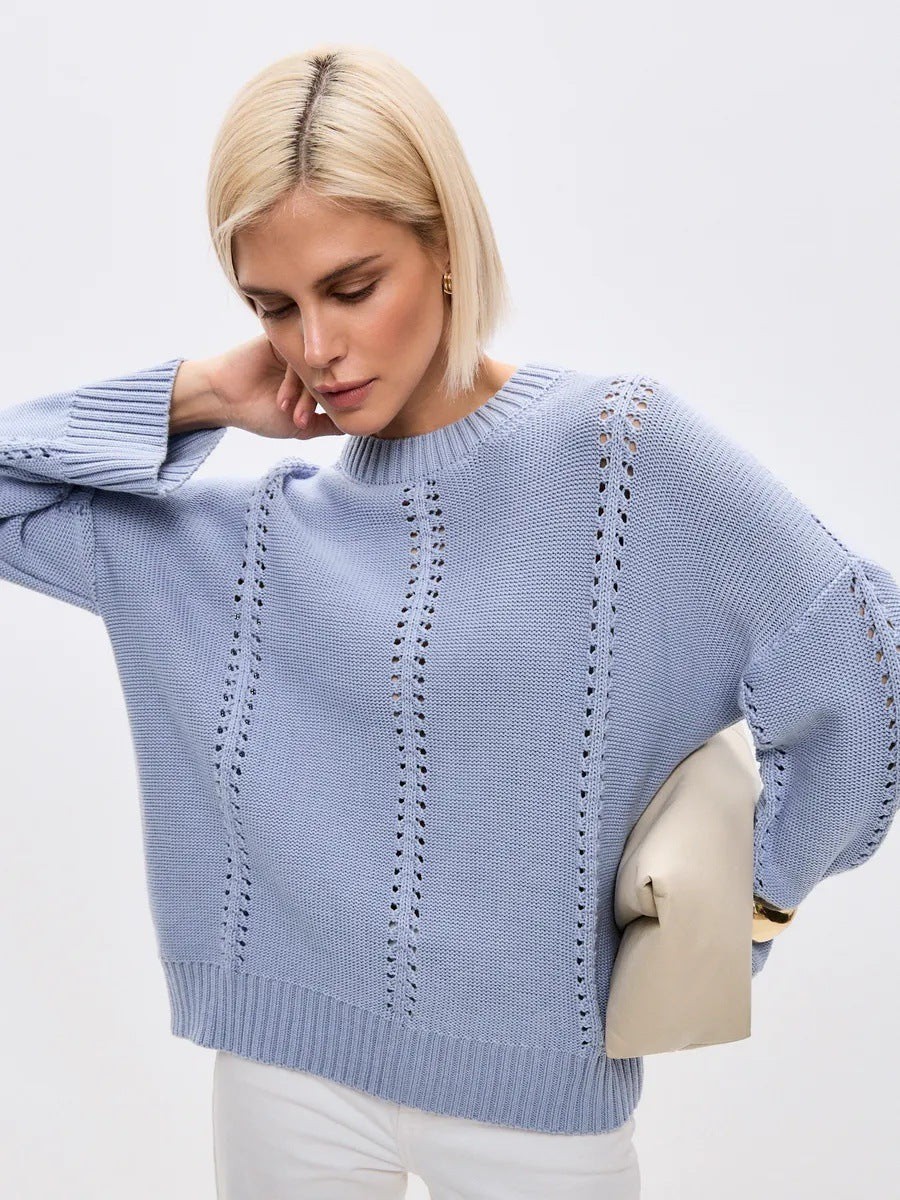 Casual Hollow Knit Crewneck Sweater - Image 9