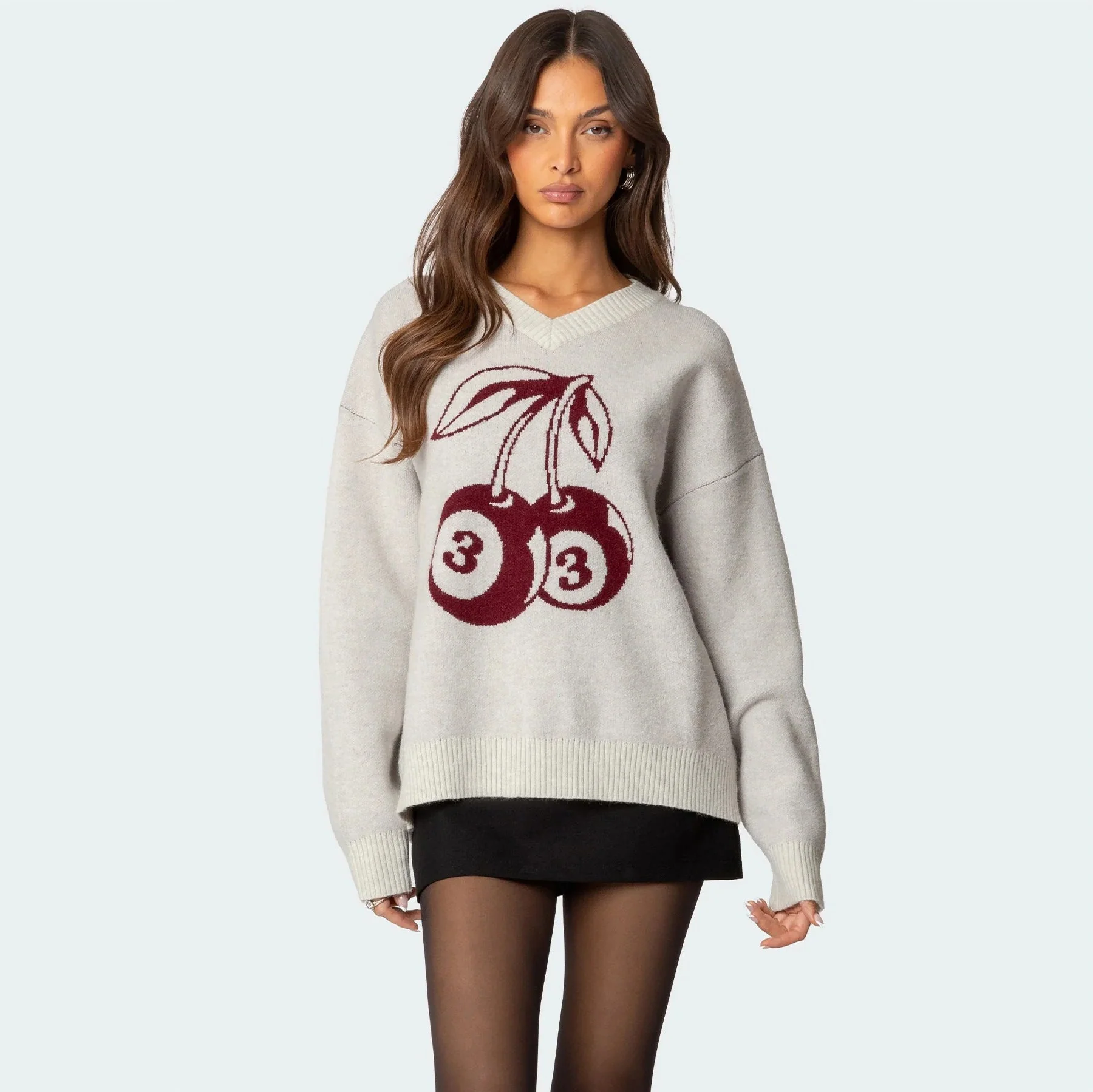 Cherry Pattern Colorblock Knit Sweater - Image 3