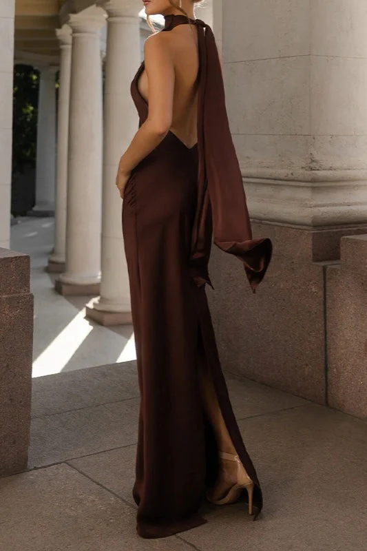 Vintage Solid Satin Backless Maxi Dress - Image 3